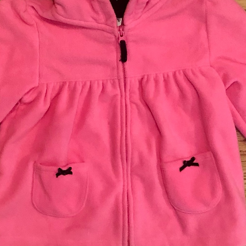 Carter’s Pink zip up hooded fleece with two black bows on the front pocket, 24M - Picture 5 of 9